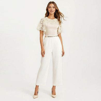 Women's Short Sleeve Blouse with Floral Lace Cape Overlay and Embroidered Neckline
