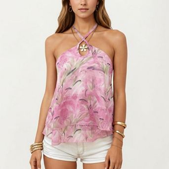 Women's Summer Floral Halter Neck Tiered Chiffon Cami Top