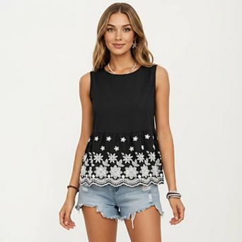 Women's Embroidered Floral Peplum Tank Top with Back Tie