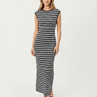 Women's Sleeveless Crew Neck Striped Knit Column Maxi Dress