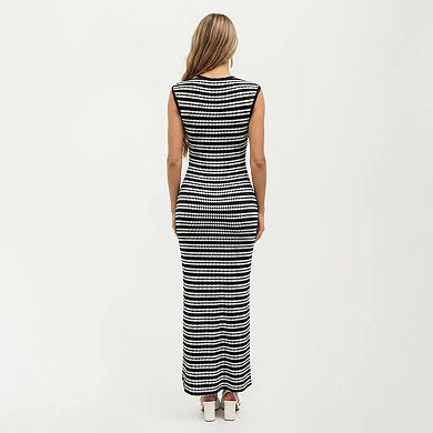 Women's Sleeveless Crew Neck Striped Knit Column Maxi Dress