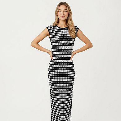 Women's Sleeveless Crew Neck Striped Knit Column Maxi Dress