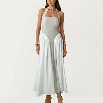 Women's Color Block Halter Neck Smocked Back Maxi Dress