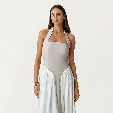 Women's Color Block Halter Neck Smocked Back Maxi Dress