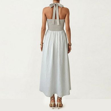 Women's Color Block Halter Neck Smocked Back Maxi Dress