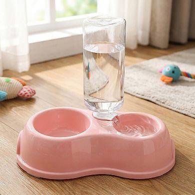Plastic Double Pet Bowl with Gravity Water Bottle Feeder