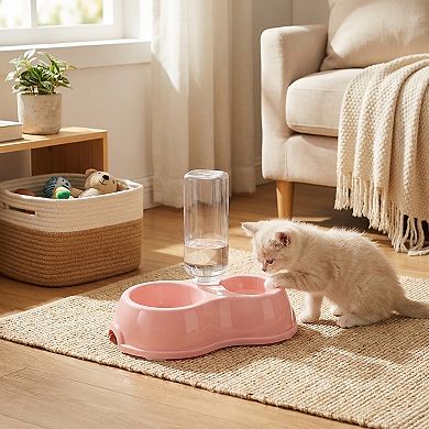 Plastic Double Pet Bowl with Gravity Water Bottle Feeder