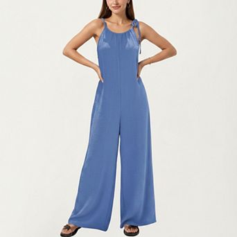 Women's Tie Strap Wide Leg Jumpsuit with Soft Satin Finish