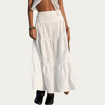 Women's Embroidered Floral Tiered Maxi Skirt with Side Slit
