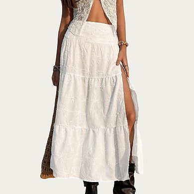 Women's Embroidered Floral Tiered Maxi Skirt with Side Slit