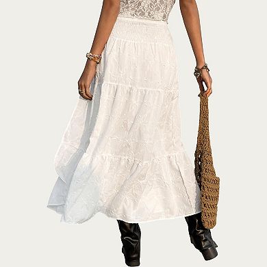 Women's Embroidered Floral Tiered Maxi Skirt with Side Slit