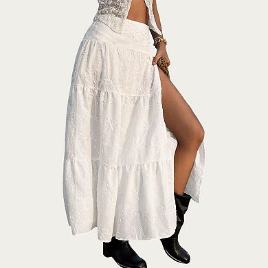 Women's Embroidered Floral Tiered Maxi Skirt with Side Slit
