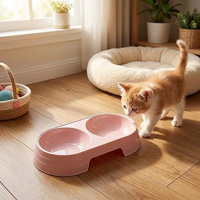 Plastic Double Pet Bowl with Raised Base for Food and Water