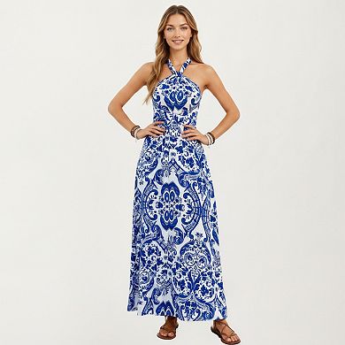 Women's Mediterranean Tile Print Halter Maxi Dress with Criss-Cross Back