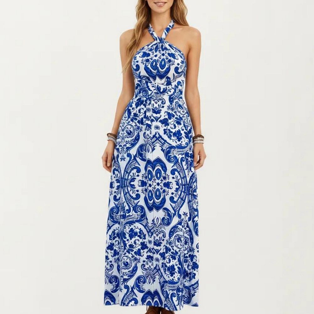 aqua tile print maxi dress Maritza Watercolor Tile Print Maxi Dress (Women)