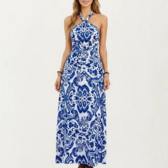 Women's Mediterranean Tile Print Halter Maxi Dress with Criss-Cross Back