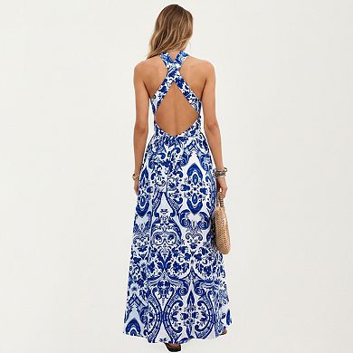 Women's Mediterranean Tile Print Halter Maxi Dress with Criss-Cross Back
