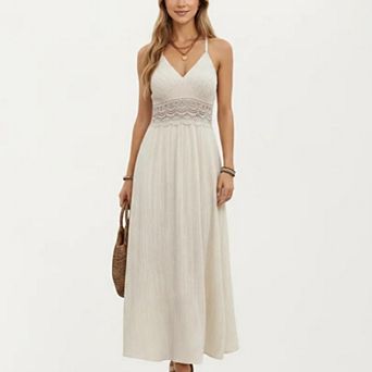 Women's Boho Crochet Lace Inset Maxi Dress with Keyhole Back