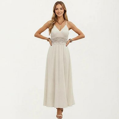 Women's Boho Crochet Lace Inset Maxi Dress with Keyhole Back