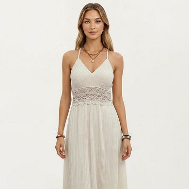 Women's Boho Crochet Lace Inset Maxi Dress with Keyhole Back