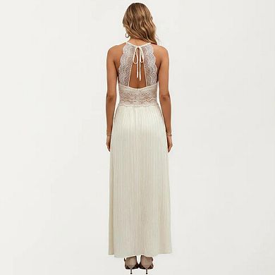Women's Boho Crochet Lace Inset Maxi Dress with Keyhole Back