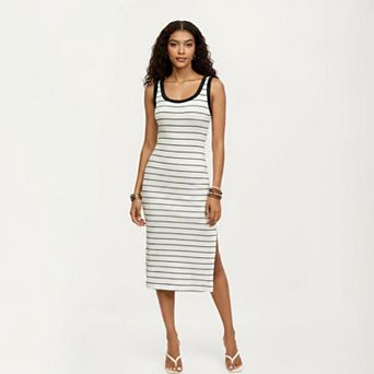 Women's Striped Rib-Knit Scoop Neck Midi Tank Dress with Side Slit