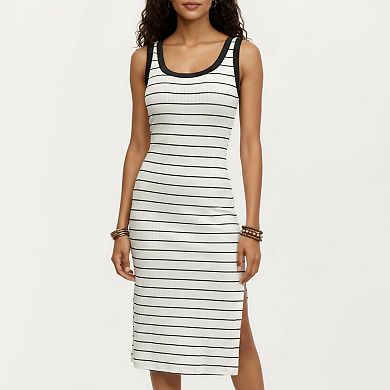 Women's Striped Rib-Knit Scoop Neck Midi Tank Dress with Side Slit