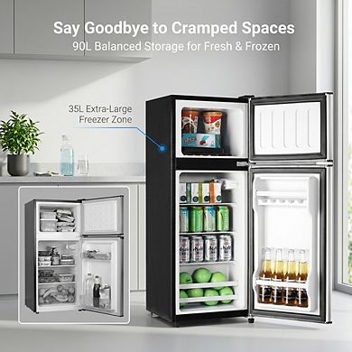 Freestanding Compact Refrigerator - 90L Mini Fridge with Top Door Freezer and LED Light