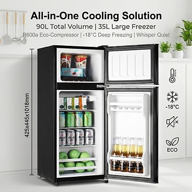 Freestanding Compact Refrigerator - 90L Mini Fridge with Top Door Freezer and LED Light