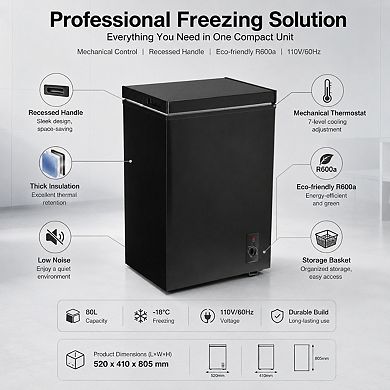 Loheer Chest Freezer - 80L Compact Deep Freezer for Home, Foaming door