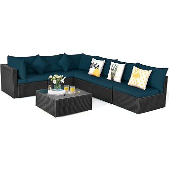 7 pc Peacock Blue Wicker Sectional Sofa Set with Tempered Glass Top