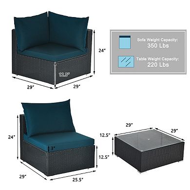 7-Piece Peacock Blue Wicker Sectional Sofa Set with Tempered Glass Top