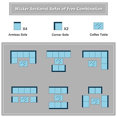 7-Piece Peacock Blue Wicker Sectional Sofa Set with Tempered Glass Top