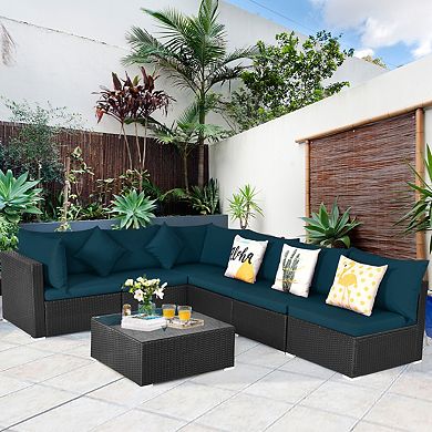 7-Piece Peacock Blue Wicker Sectional Sofa Set with Tempered Glass Top