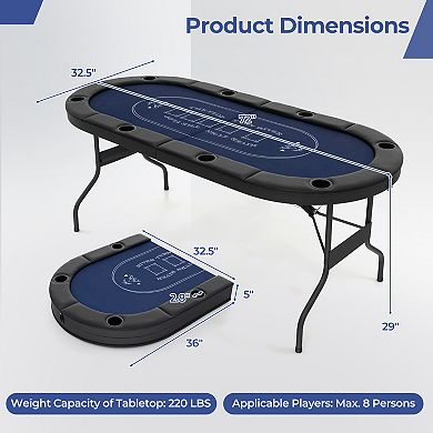 72 Inch Foldable Poker Table for 8 Players Oval Card Game Table