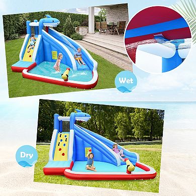 4-in-1 Inflatable Shark Water Slide Bounce House with Pool