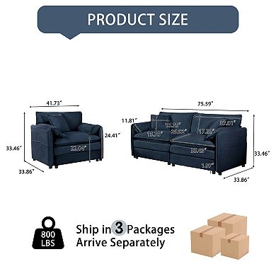 Luxury 2-Piece Chenille Cloud Loveseat Set with 3 Pillows - Couch & Armchair