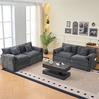 Oversized 2 pc Chenille Loveseat Sofa Set - Deep-Seat Cloud Design with 4 Pillows