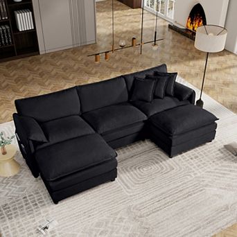 Oversized U-Shape Chenille Sectional - 3-Seat Cloud Couch with 2 Ottomans