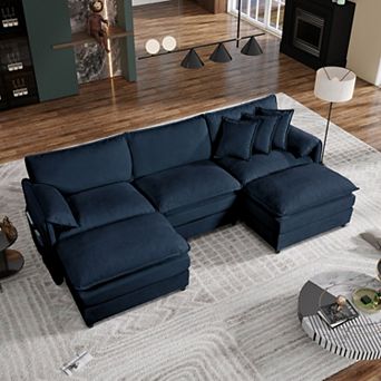 Oversized U-Shape Chenille Sectional - 3-Seat Cloud Couch with 2 Ottomans