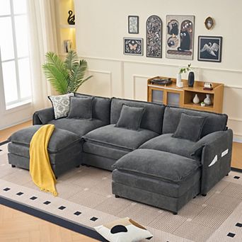 Oversized U-Shape Chenille Sectional - 3-Seat Cloud Couch with 2 Ottomans