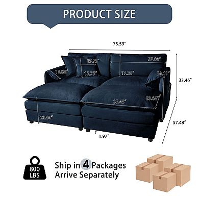 Deep-Seat Sectional Cloud Sofa with 2 Ottomans & Pillows - Loveseat Couch