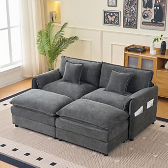 Deep-Seat Sectional Cloud Sofa with 2 Ottomans & Pillows - Loveseat Couch