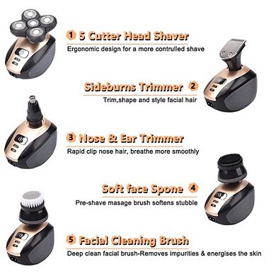 Electric Shaver for Bald Heads, Multifunctional Rotary Razor Kit, Waterproof, Wet Dry Trimmer