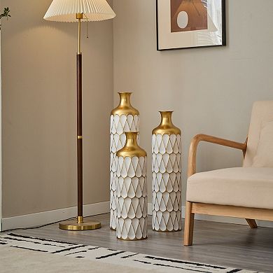 Modern Droplet Shape White Metal Floor Vase 3-Piece Set - Glazed Finish for Home Decoration