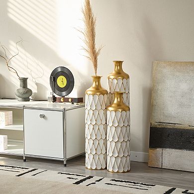 Modern Droplet Shape White Metal Floor Vase 3-Piece Set - Glazed Finish for Home Decoration