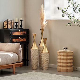 Modern Woven Pattern Metal Floor Vase 3 pc Set - Glazed Finish for Home Decoration