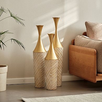 Modern Woven Pattern Metal Floor Vase 3-Piece Set - Glazed Finish for Home Decoration