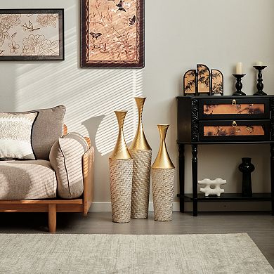 Modern Woven Pattern Metal Floor Vase 3-Piece Set - Glazed Finish for Home Decoration