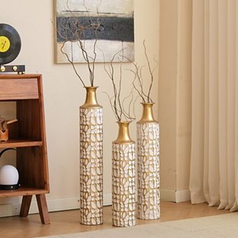 Gold Floor Vases Set of 3 - 32/28/24", Vintage Twig Design, Antique Finish, Home Decor